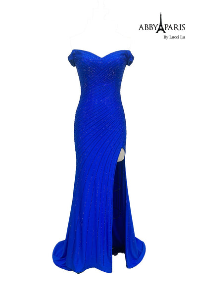 Abby Paris 90214 Beaded Off Shoulder Slit Evening Gown