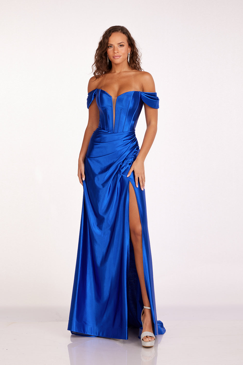 Abby Paris 90216 Satin Off Shoulder Corset Slit Gown by Lucci Lu