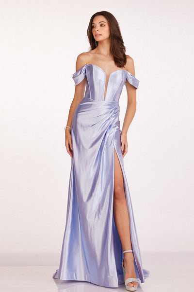 Abby Paris 90216 Satin Off Shoulder Corset Slit Gown by Lucci Lu