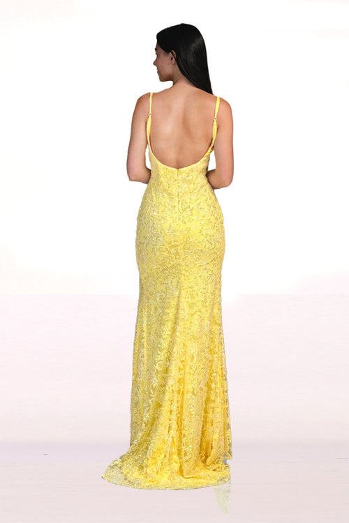 Abby Paris 90219 Glitter Embroidered V-Neck Slit Gown