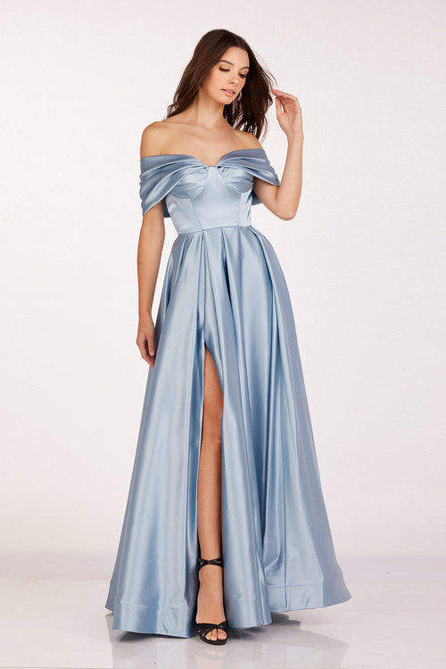 Abby Paris 90222 Satin Off Shoulder Sweetheart Slit Gown