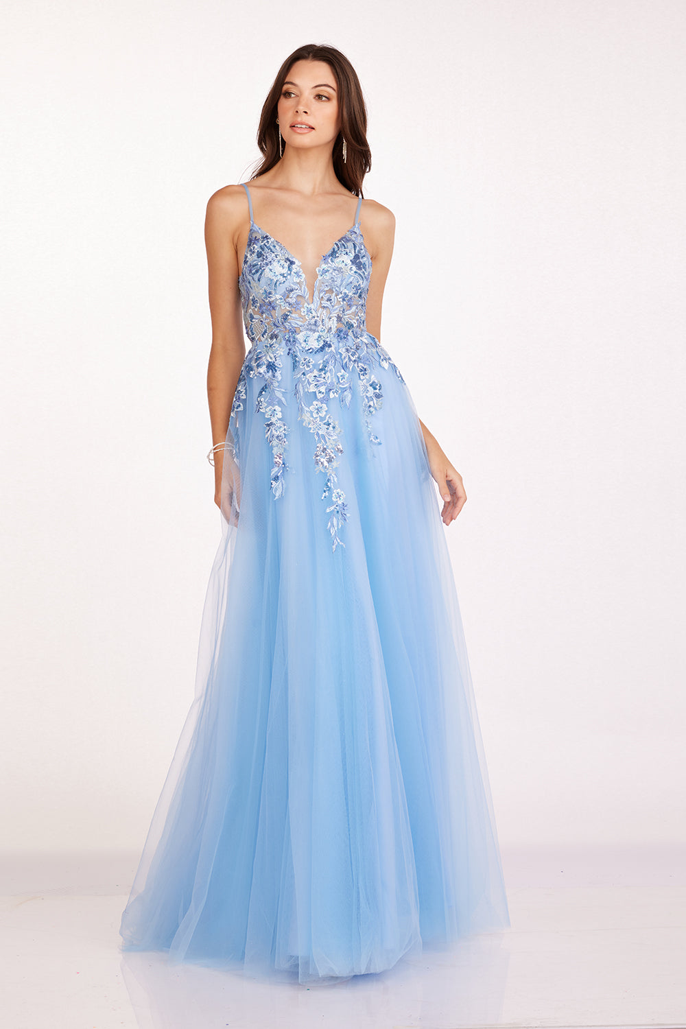 Abby Paris 90226 Floral Applique Beaded V-Neck A-Line Gown