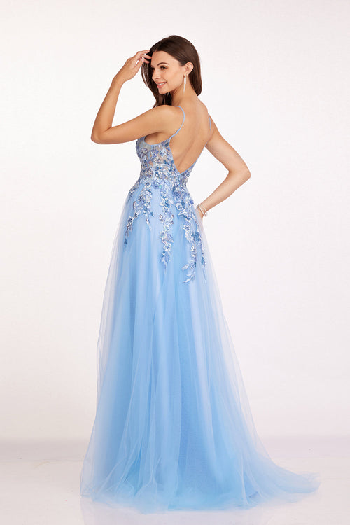 Abby Paris 90226 Floral Applique Beaded V-Neck A-Line Gown