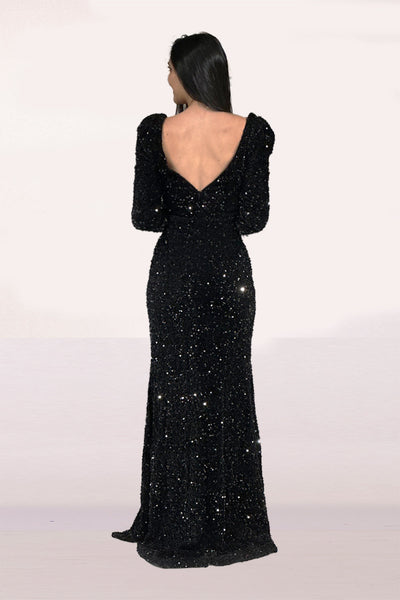 Abby Paris 90227 Sequin Feather Long Sleeve Slit Gown by Lucci Lu