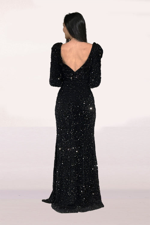 Abby Paris 90227 Sequin Feather Long Sleeve Slit Gown by Lucci Lu