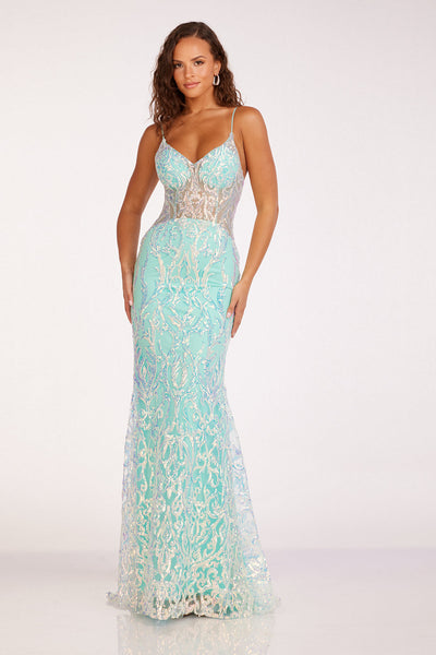 Abby Paris 90228 Sequin Print Corset V-Neck Fitted Gown