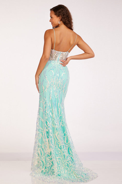 Abby Paris 90228 Sequin Print Corset V-Neck Fitted Gown
