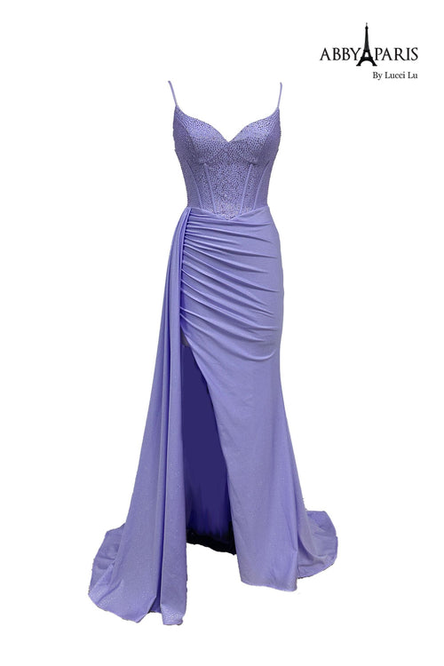 Abby Paris 90231 Beaded Sleeveless Corset Slit Gown