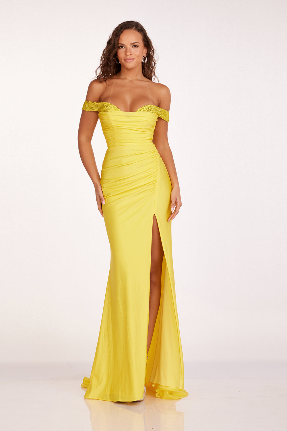 Abby Paris 90246 Jersey Off Shoulder Beaded Slit Gown