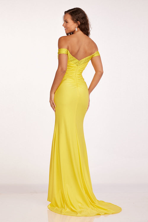 Abby Paris 90246 Jersey Off Shoulder Beaded Slit Gown