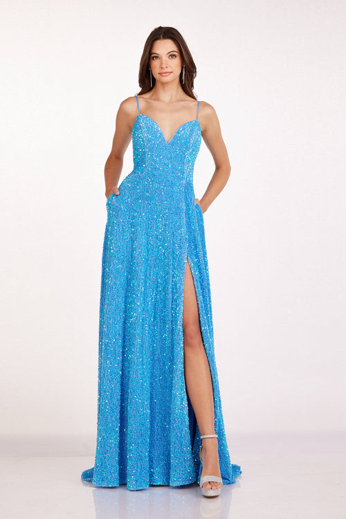 Abby Paris 90247 Sequin Velvet Sleeveless A-Line Slit Gown