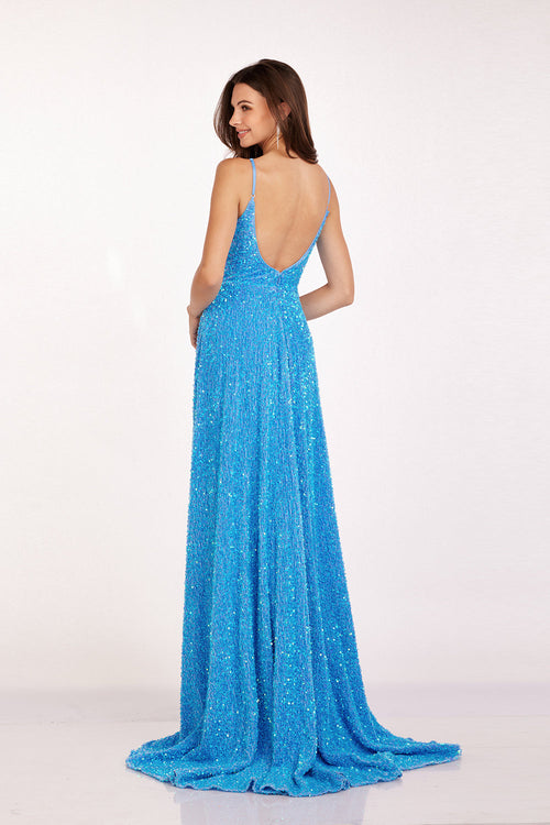 Abby Paris 90247 Sequin Velvet Sleeveless A-Line Slit Gown