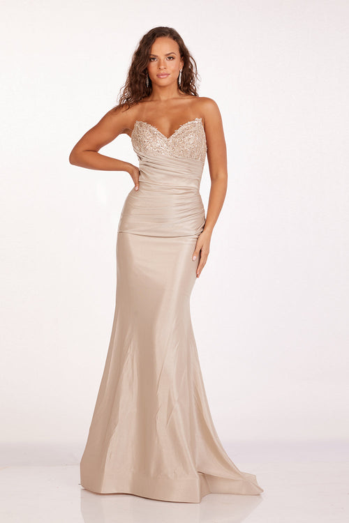Abby Paris 90251 Beaded Strapless Fitted Slit Gown