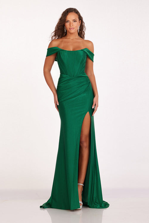 Abby Paris 90252 Off Shoulder Corset Fitted Slit Gown by Lucci Lu