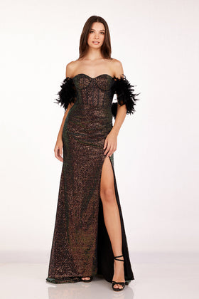Abby Paris 90254 Feather Off Shoulder Sequin Slit Gown