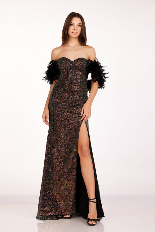 Abby Paris 90254 Feather Off Shoulder Sequin Slit Gown