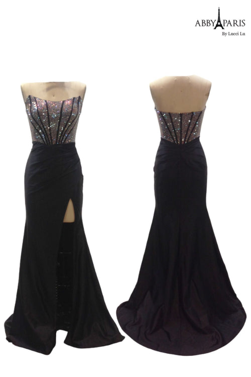 Abby Paris 90255 Beaded Strapless Corset Slit Gown