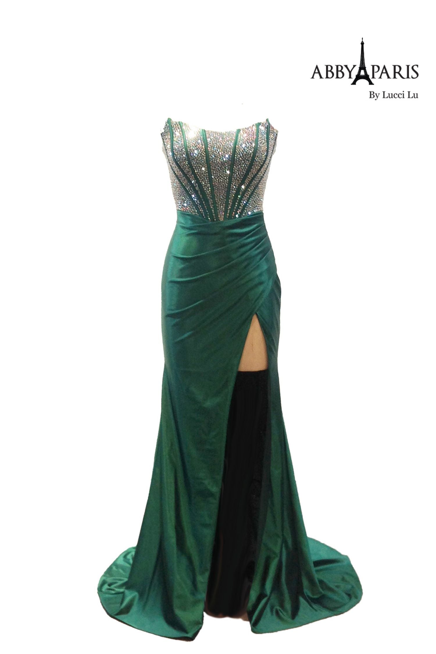 Abby Paris 90255 Beaded Strapless Corset Slit Gown