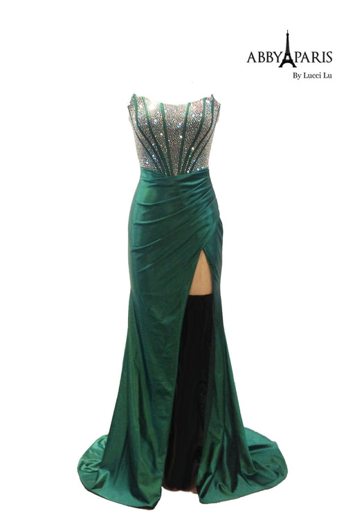 Abby Paris 90255 Beaded Strapless Corset Slit Gown