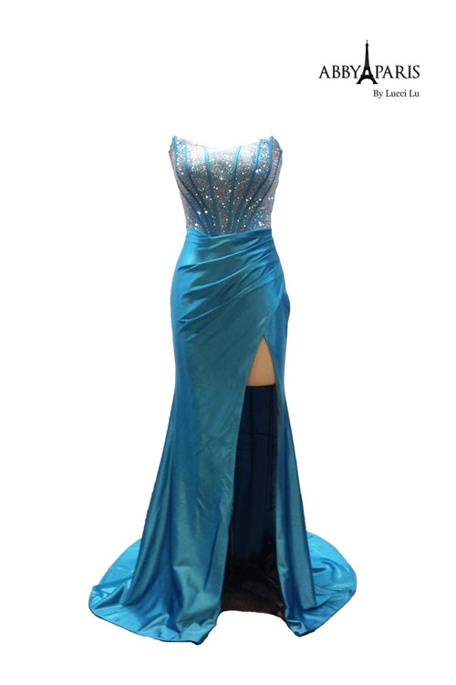 Abby Paris 90255 Beaded Strapless Corset Slit Gown