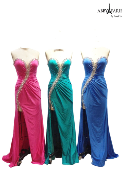 Abby Paris 90258 Beaded Jersey Strapless Sweetheart Gown