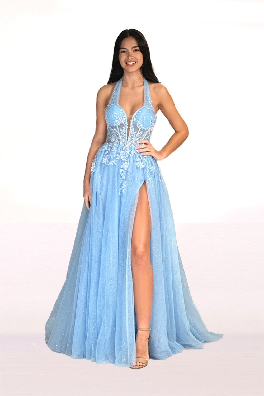 Abby Paris 90265 Applique Halter Glitter Tulle A-Line Gown