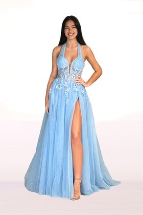 Abby Paris 90265 Applique Halter Glitter Tulle A-Line Gown