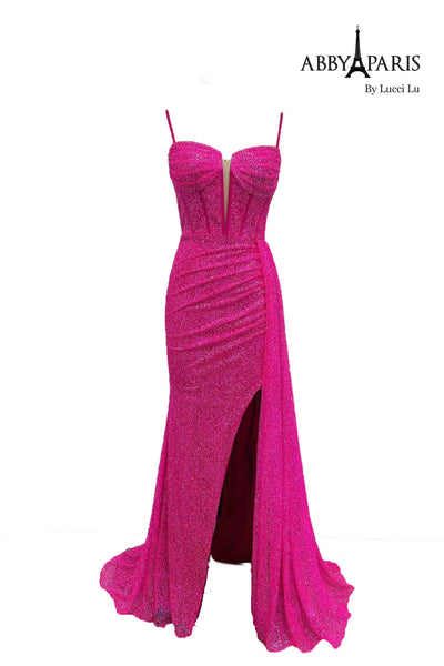 Abby Paris 90266 Glitter Sleeveless Corset Slit Gown by Lucci Lu