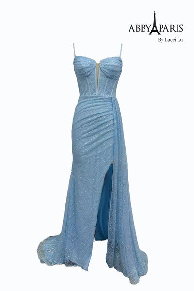 Abby Paris 90266 Glitter Sleeveless Corset Slit Gown by Lucci Lu