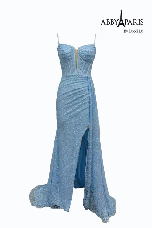 Abby Paris 90266 Glitter Sleeveless Corset Slit Gown by Lucci Lu
