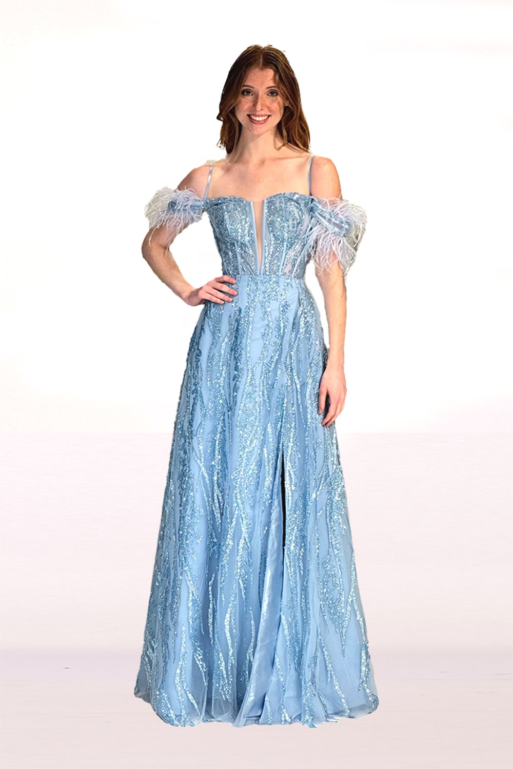 Off Shoulder Glitter A-Line Prom Dress with Feather Sleeves & Corset Back by Abby Paris 90270
