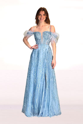 Off Shoulder Glitter A-Line Prom Dress with Feather Sleeves & Corset Back by Abby Paris 90270