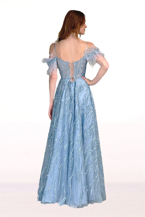 Off Shoulder Glitter A-Line Prom Dress with Feather Sleeves & Corset Back by Abby Paris 90270