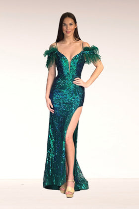 Abby Paris 90271 Sequin Feather Cold Shoulder Slit Gown
