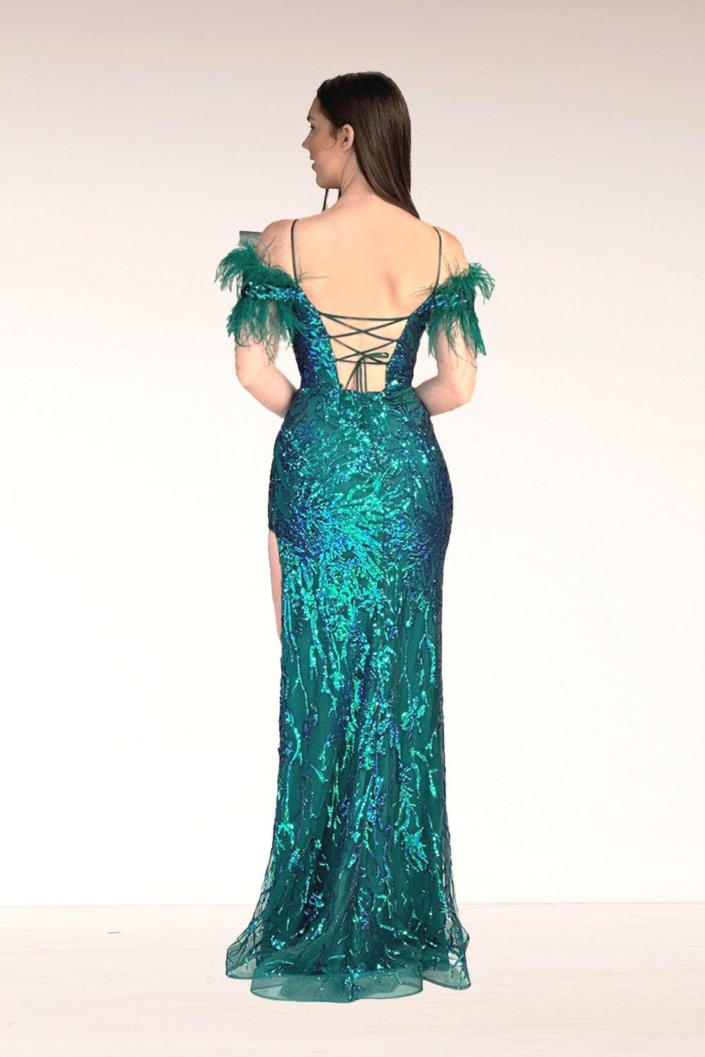 Abby Paris 90271 Sequin Feather Cold Shoulder Slit Gown