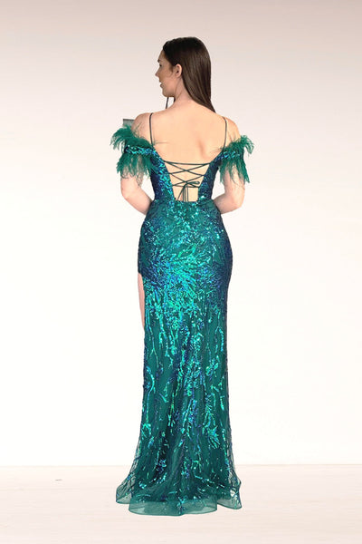 Abby Paris 90271 Sequin Feather Cold Shoulder Slit Gown