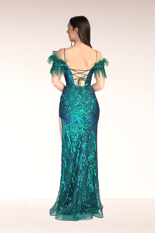 Abby Paris 90271 Sequin Feather Cold Shoulder Slit Gown