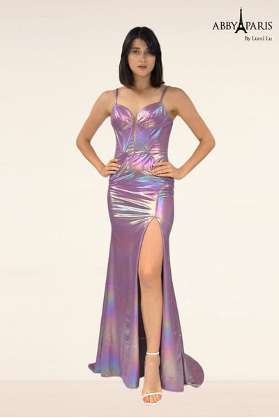 Iridescent Metallic Slit Gown by Abby Paris 90283