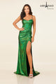 Metallic Corset Slit Gown by Abby Paris 90287