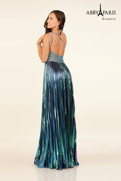One Shoulder Metallic A-line Slit Gown by Abby Paris 90289