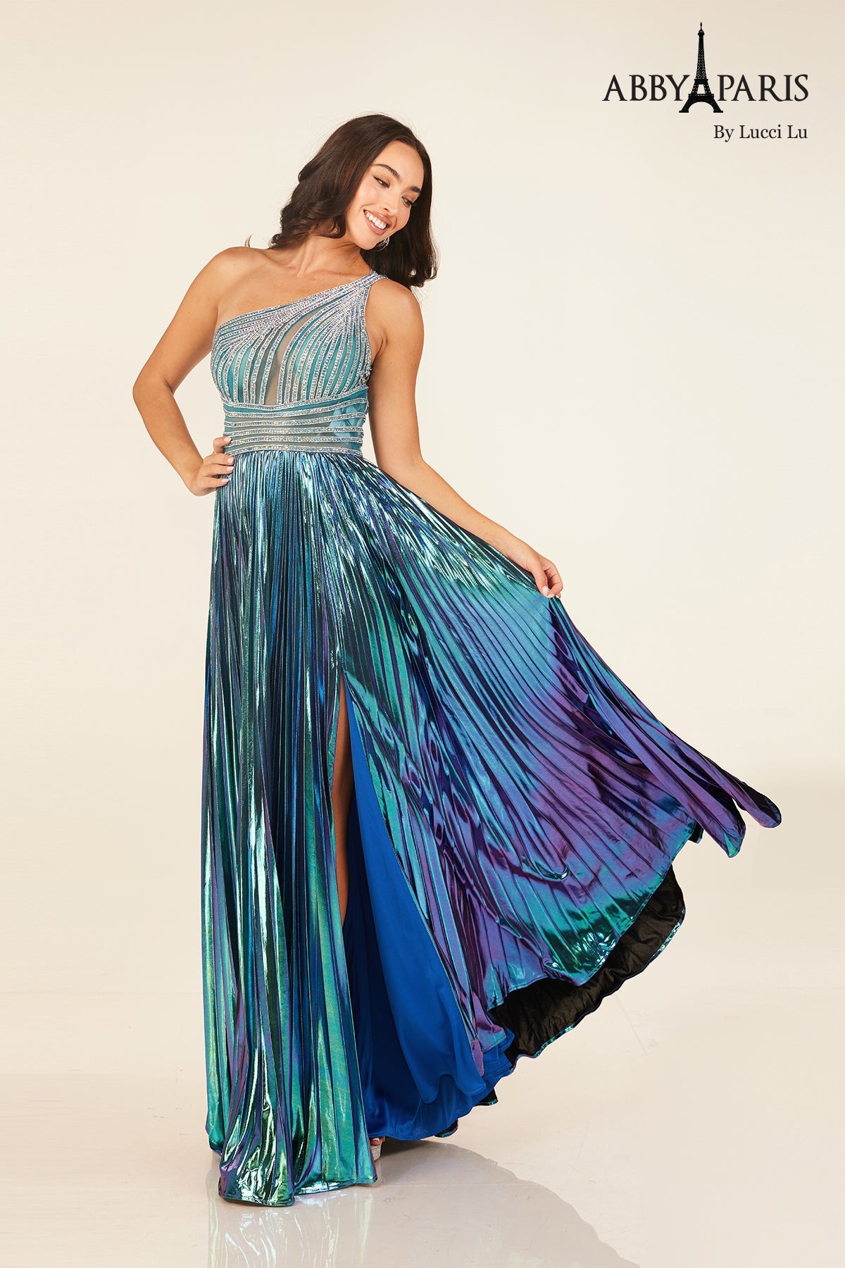 One Shoulder Metallic A-line Slit Gown by Abby Paris 90289