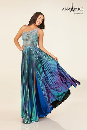 One Shoulder Metallic A-line Slit Gown by Abby Paris 90289