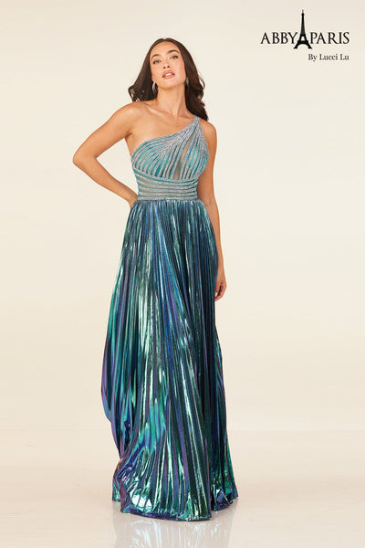 One Shoulder Metallic A-line Slit Gown by Abby Paris 90289