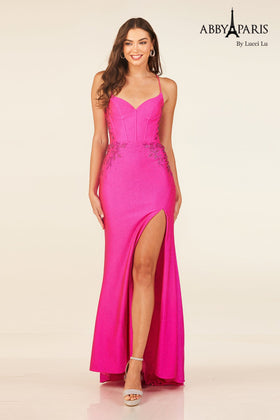 Strappy Back Glitter Gown with Slit - Abby Paris 90292