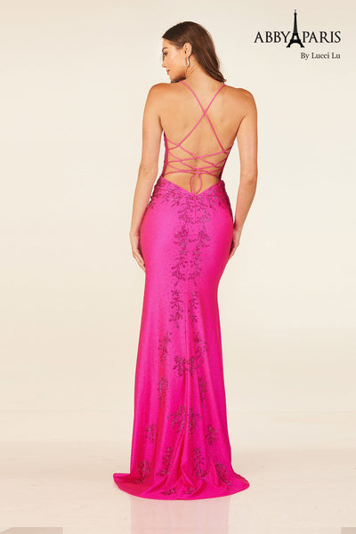 Strappy Back Glitter Gown with Slit - Abby Paris 90292
