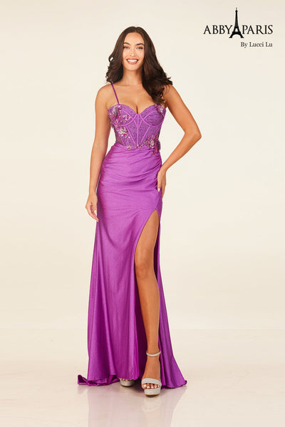 Sweetheart Glitter Applique Gown with Slit - Abby Paris 90295