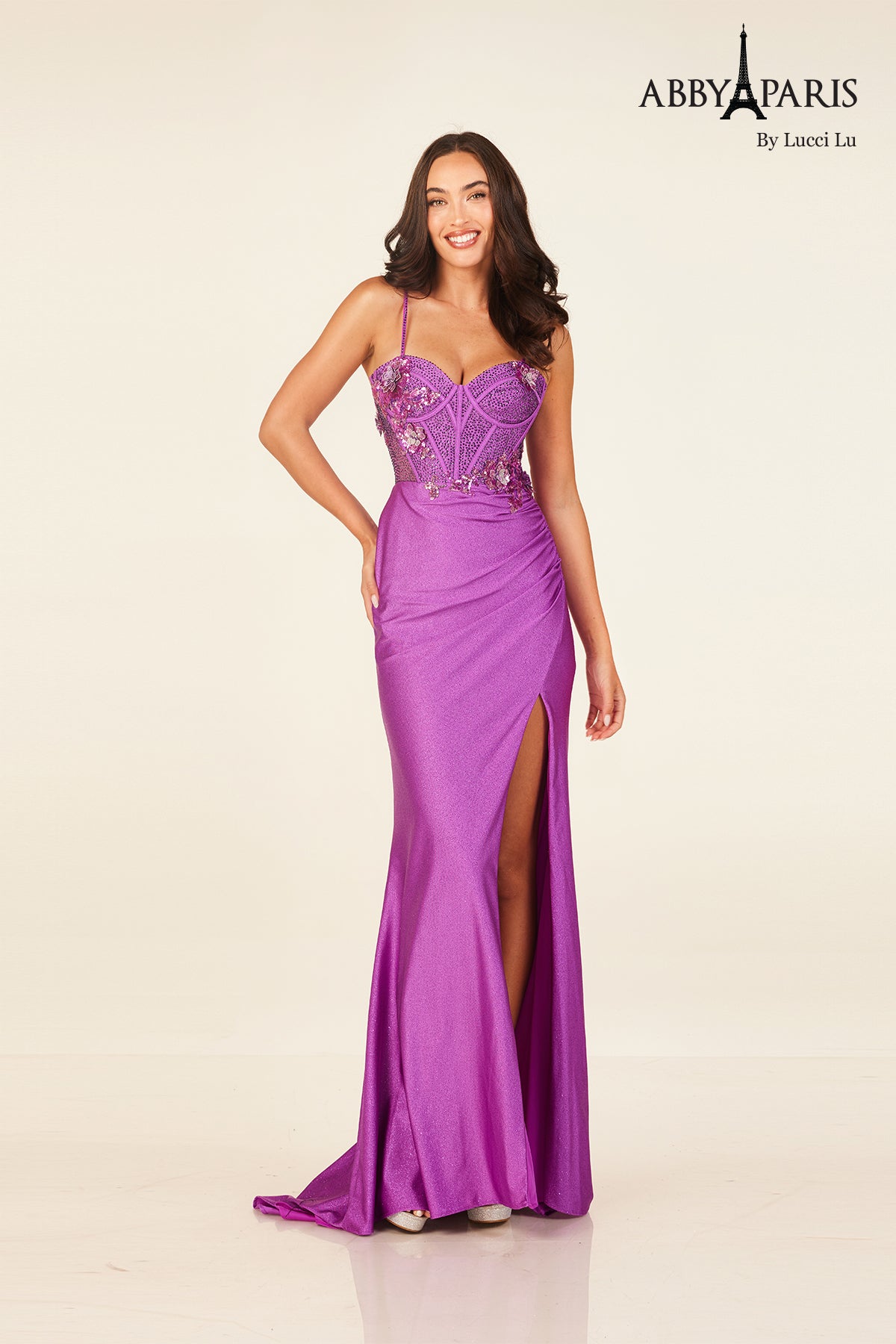 Sweetheart Glitter Applique Gown with Slit - Abby Paris 90295