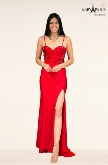 Sweetheart Glitter Applique Gown with Slit - Abby Paris 90295