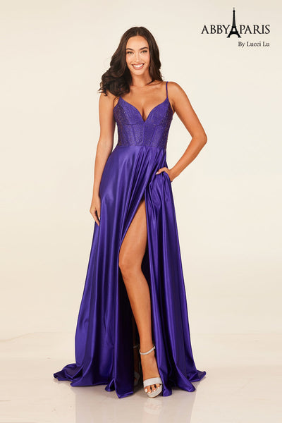 Abby Paris 90300 Heat Stone Sleeveless A-line Slit Gown by Lucci Lu