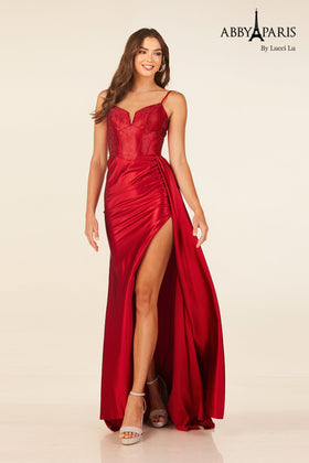 Abby Paris 90302 Heat Stone Corset Slit Evening Gown